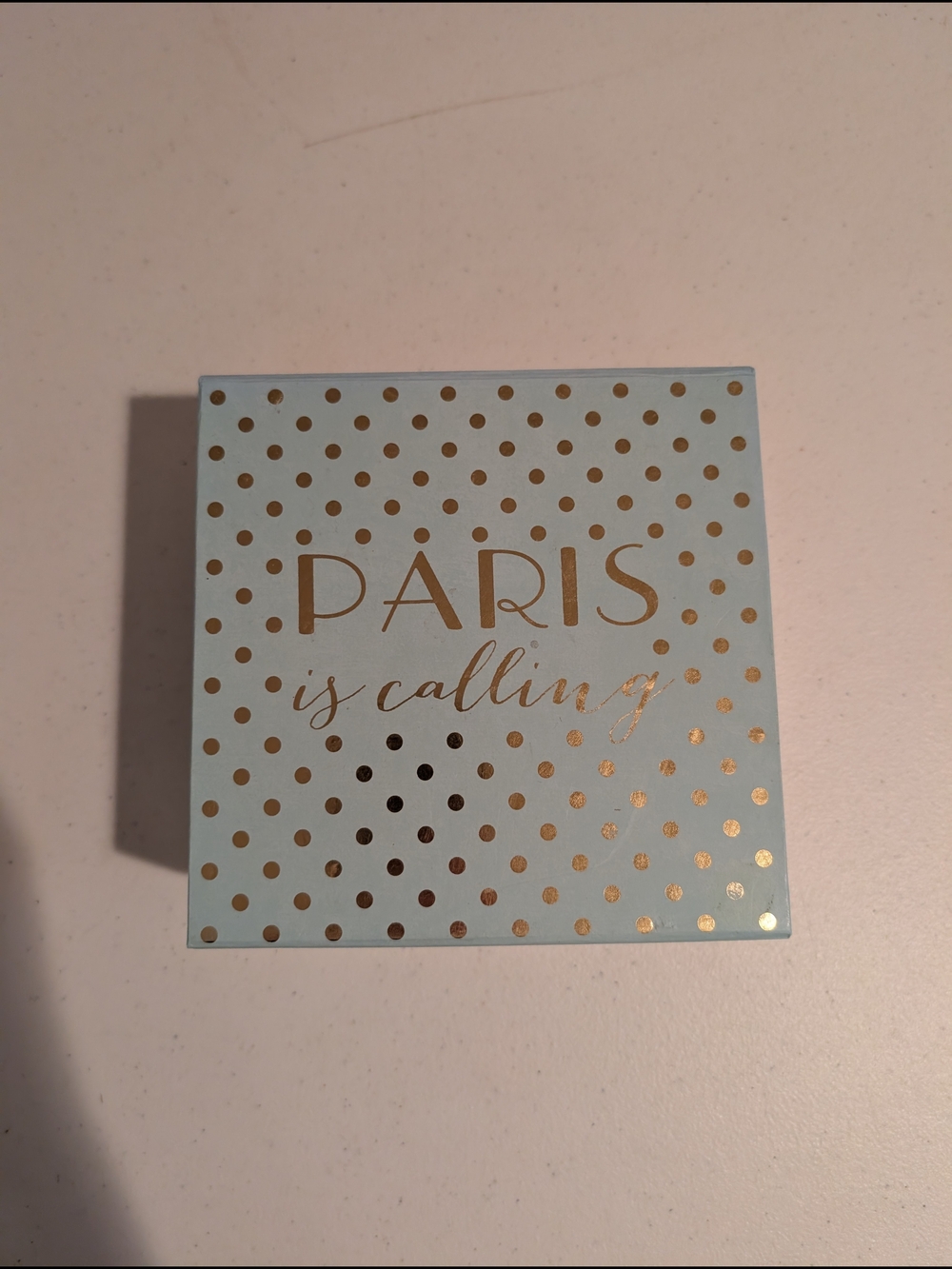 'Paris Is Calling' Light Blue Trinket Box with Gold Foil Polka Dots